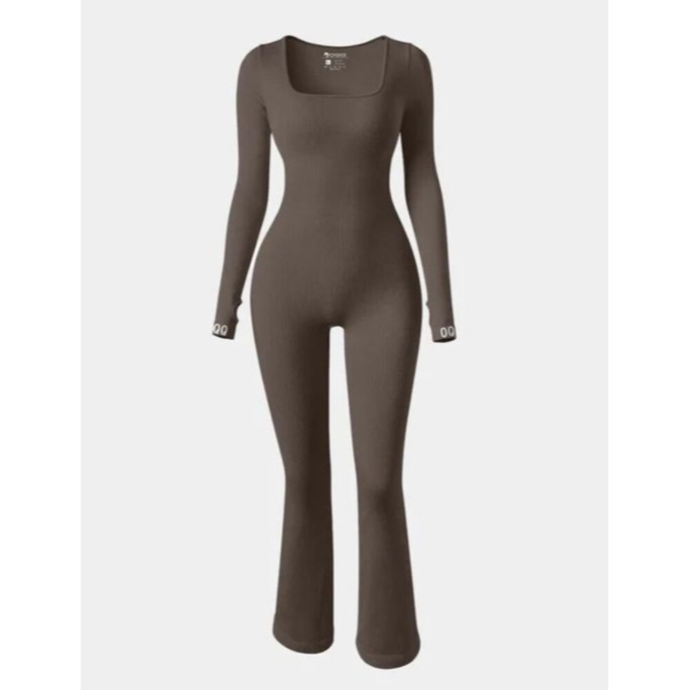 OQQ Size SMALL Jumpsuit Ribbed Long Sleeve Flare Bell Bottom Brown Tea Leaf NEW